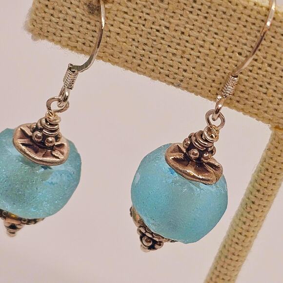 Recycled Grn Vintage Ghana Glass Beads Hill Tribe Sterling Earrings - Picture 2 of 8